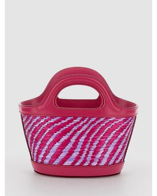 Marni Pink Tropicalia Mini Raffia And Leather Bag With Embroidered Logo
