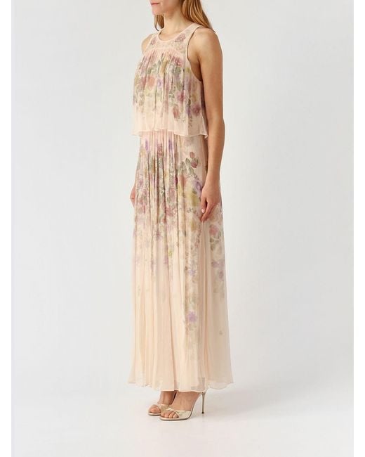 Twinset Natural Long Crêpe Dress With Floral Print