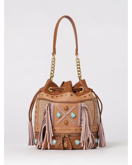 La Carrie Natural Jungle Faux Leather Bucket Bag With Fringes And Stones