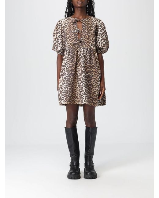 Ganni Natural Animal Print Cotton Shirt Dress
