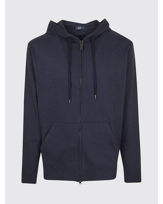 Herno Blue Slim Fit Cotton Zip-Up Hoodie With Kangaroo Pocket for men
