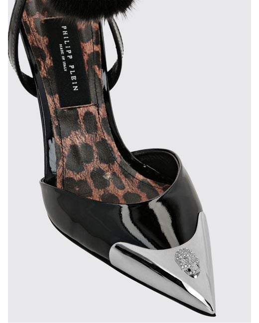 Philipp Plein Black Patent Leather Slingback Pumps With Skull And Stiletto Heel
