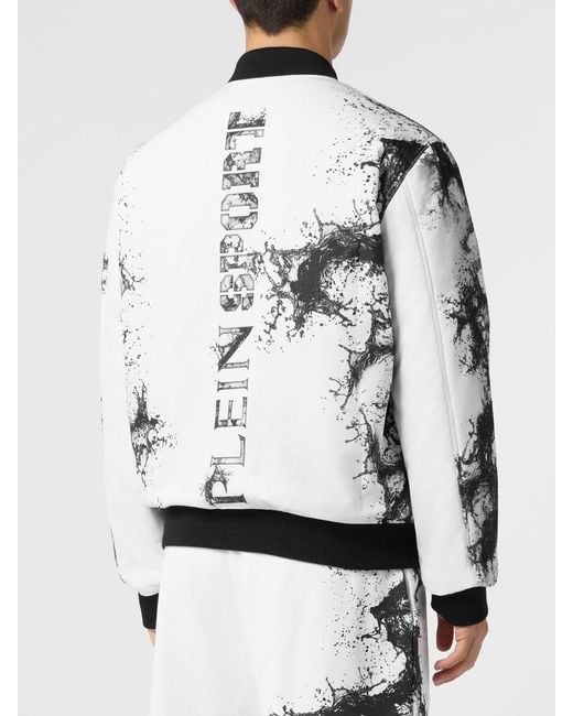 Philipp Plein Gray Splash Abstract Print Technical Fabric Bomber Jacket With Contrast Logo for men