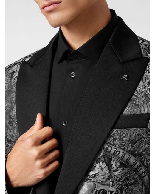 Philipp Plein Gray Tattoo-Print Single Breasted Blazer for men