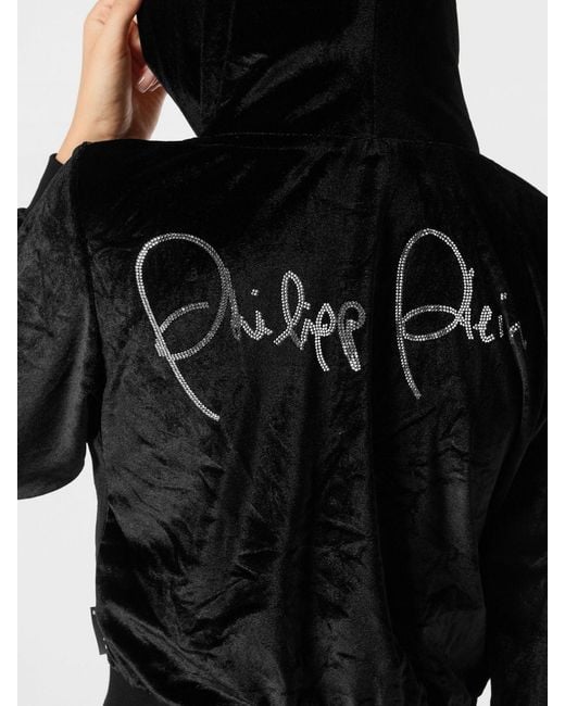 Philipp Plein Black Cropped Velvet Zip-Up Hoodie With Rhinestone Logo Detail