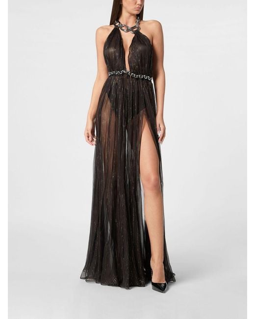 Philipp Plein Brown Long Chiffon Evening Gown With Halter Neck And Slit