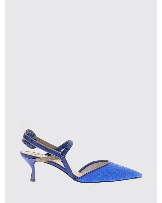 Fendi Blue Colibrì Lite Leather And Fabric Slingback With Floral Motif