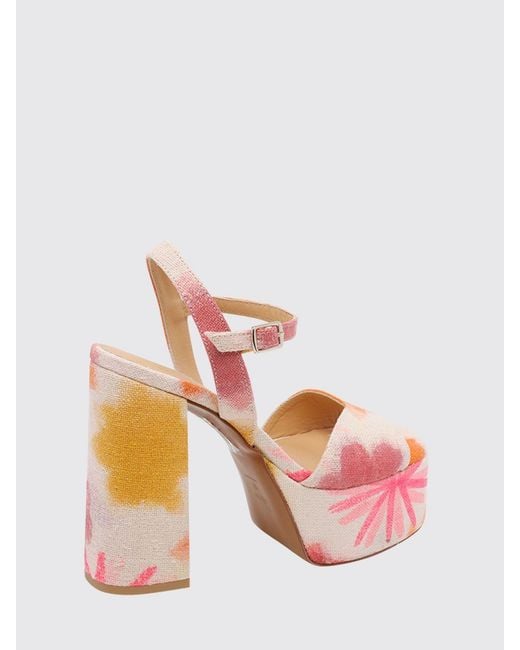 Castaner Pink Floral Print Linen Platform Sandals With High Block Heel And Ankle Strap
