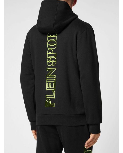 Philipp Plein Black Cotton Hoodie With Graphic Print And Hexagon Logo for men