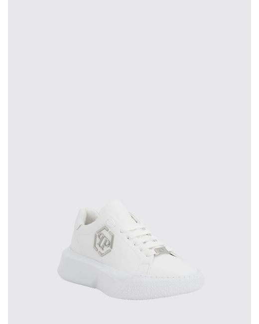 Philipp Plein White Low-Top Leather Sneakers With Hexagon Logo And Platform Sole for men