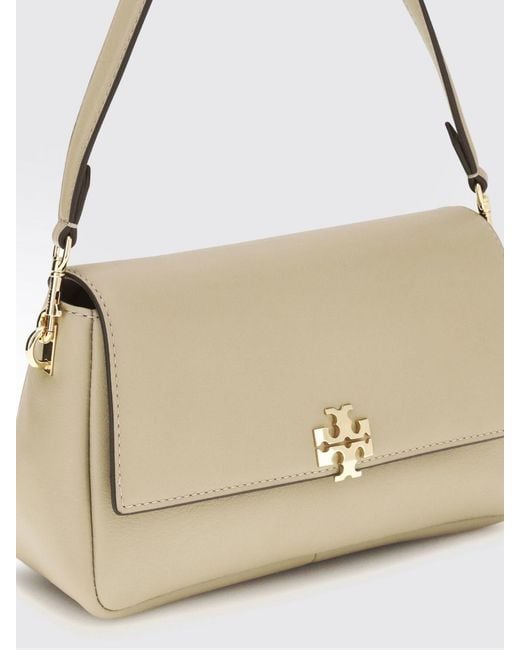 Tory Burch Natural Charlie Leather Shoulder Bag With Double T Logo And Removable Strap