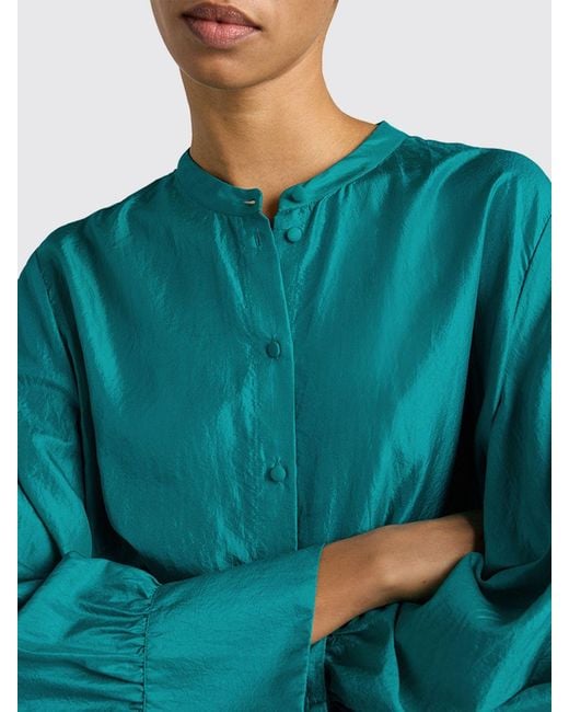 Momoní Blue MomonÌ Long-Sleeved Pure Silk Shirt With A Mandarin Collar