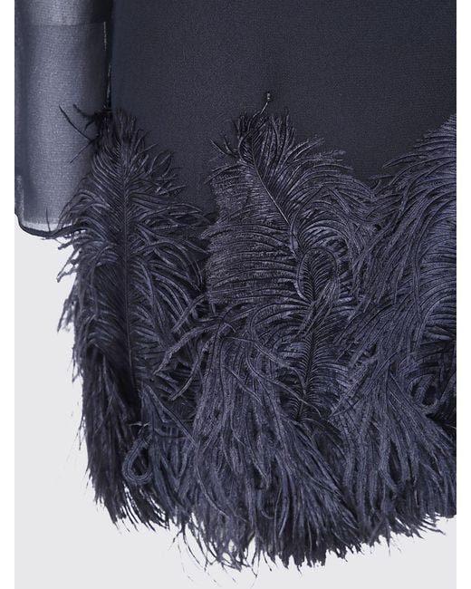Semicouture Blue Long-Sleeved Chiffon Mini Sheath Dress With Feathers