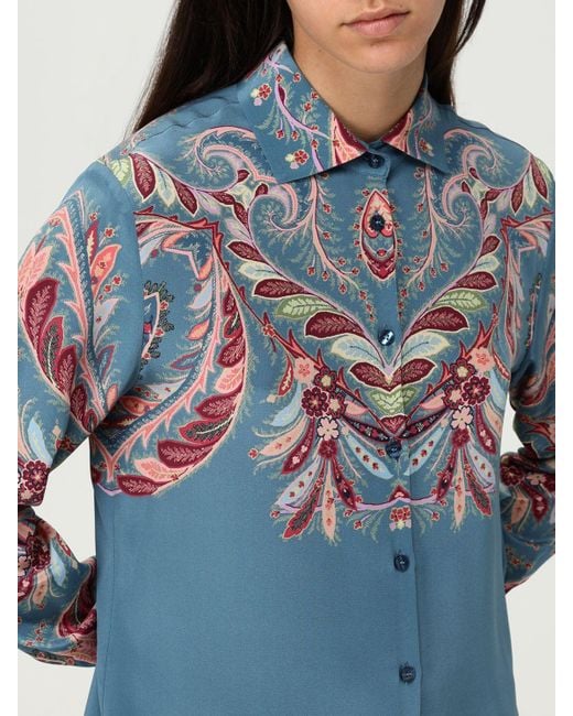 Etro Blue Silk Shirt With Placed Paisley Foliage Print