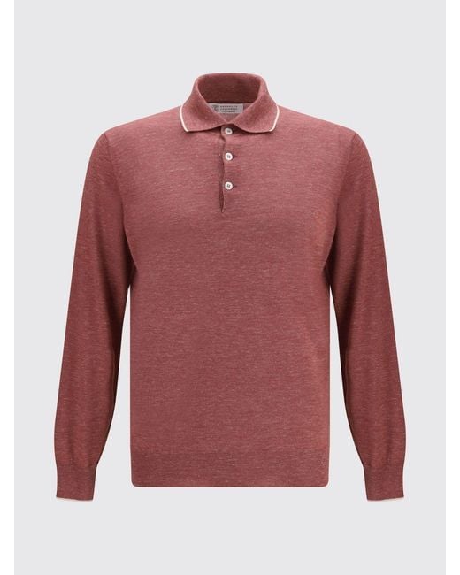 Brunello Cucinelli Red Cashmere Silk And Hemp Knit Polo Shirt for men