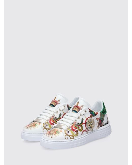 Philipp Plein White Low-Top Smooth Calfskin Leather Trainers With Side Hexagon Logo for men