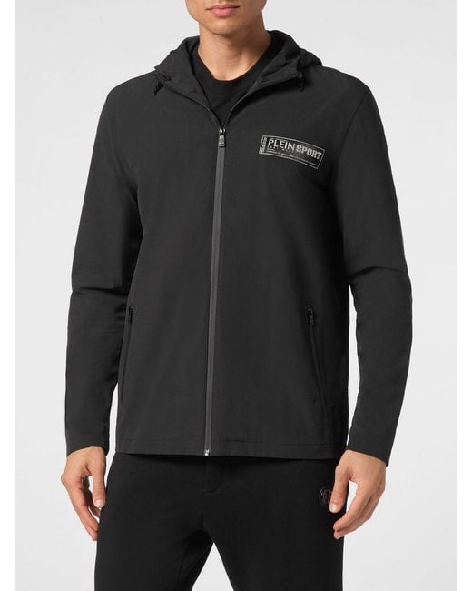 Philipp Plein Black Nylon Windbreaker Jacket With Hood And Zipped Pockets for men