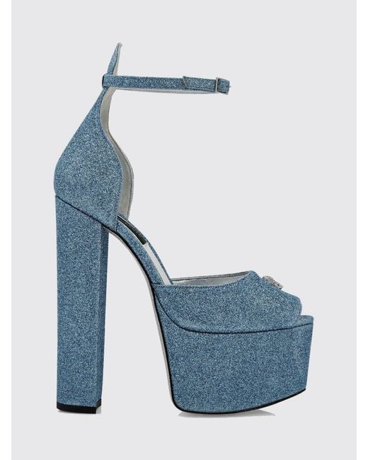 Philipp Plein Blue Glitter Leather Platform Sandals With High Heel And Skull