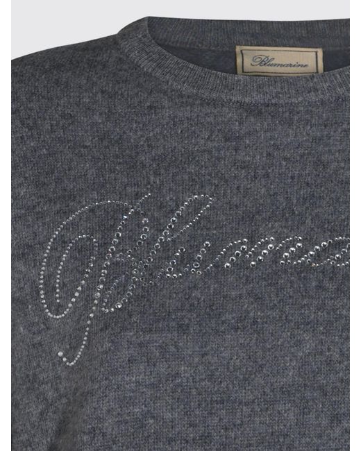 Blumarine Gray Rhinestone Logo Wool Crewneck Jumper With Dropped Shoulders
