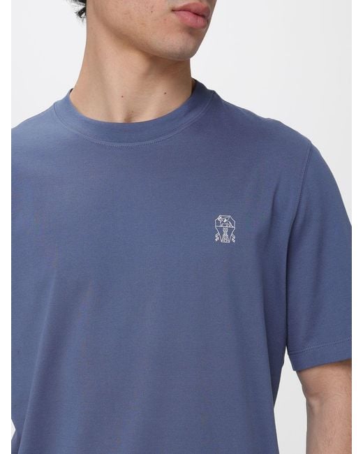 Brunello Cucinelli Blue Cotton T-Shirt With Logo for men