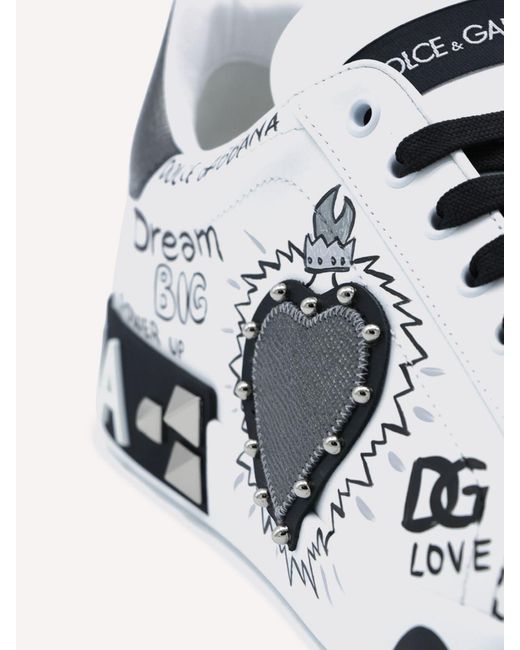 Dolce & Gabbana White Dolce &Amp Gabbana Portofino Studded Calf Leather Sneakers With Lettering Logo for men