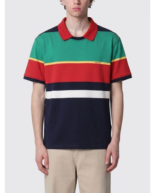 Versace Green Striped Cotton Polo Shirt for men