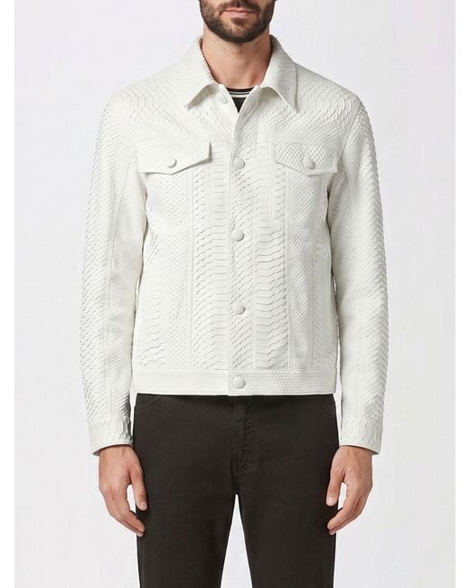Billionaire White Snakeskin Leather Shirt Jacket With Applied Patch Pockets for men
