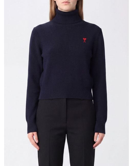 AMI Blue Wool Turtleneck Jumper With Embroidered Ami De Coeur Logo