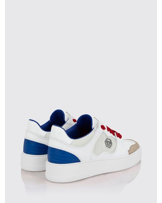 Philipp Plein White Bicolour Leather And Suede Low-Top Trainers With Hexagon Logo for men