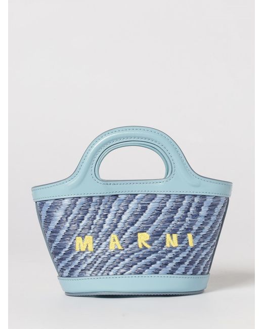Marni Blue Tropicalia Mini Raffia And Leather Bag With Embroidered Logo