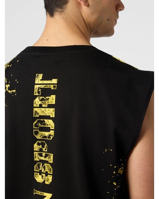 Philipp Plein Black Cotton Vest With Abstract Print And Hexagon Logo for men