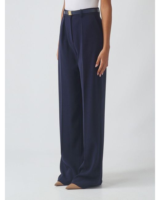 Elisabetta Franchi Blue High-Waisted Wide-Leg Crêpe Trousers With Logo Belt
