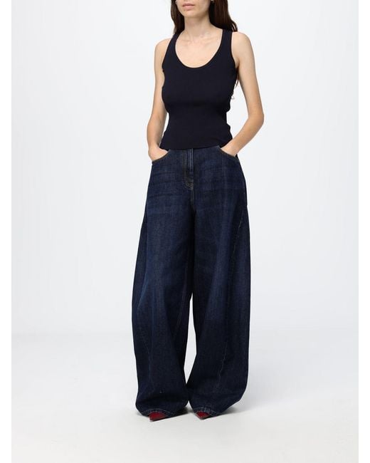 Brunello Cucinelli Blue High-Waisted Wide Leg Cotton Denim Jeans By