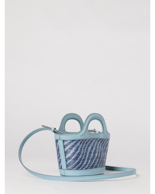 Marni Blue Tropicalia Mini Raffia And Leather Bag With Embroidered Logo
