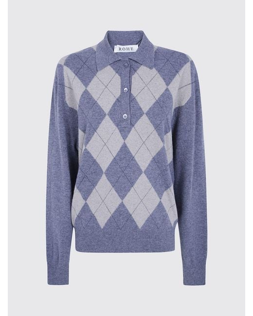Rohe Blue Argyle Long-Sleeved Knit Polo