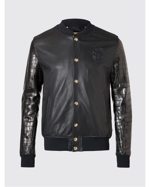 Billionaire Black Nappa And Crocodile Leather Bomber Jacket With Snap Buttons for men