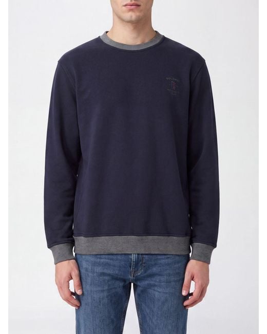 Brunello Cucinelli Blue Cotton Crewneck Sweatshirt With Contrast Embroidered Logo for men