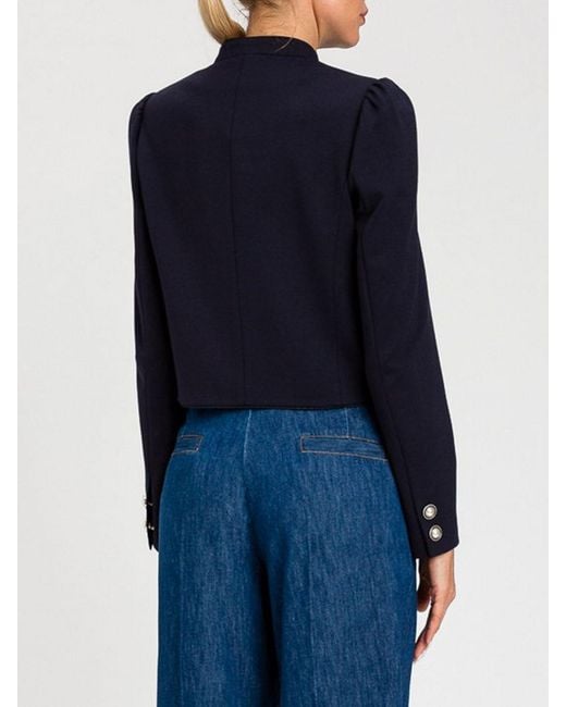 Twinset Blue Cropped Viscose Jacket With Mandarin Collar And Pearl Embellishments