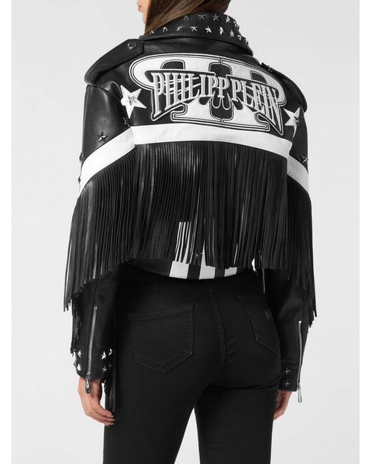 Philipp Plein Black Leather Biker Jacket With Fringes And Contrast Studs