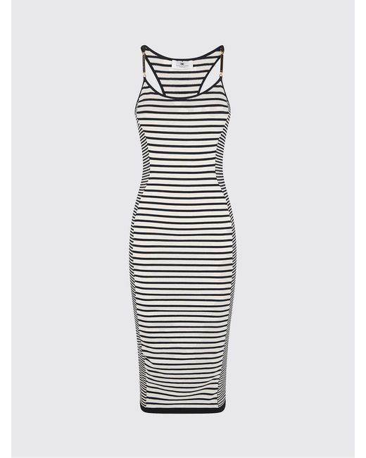 Elisabetta Franchi White Striped Viscose And Cotton Blend Midi Dress