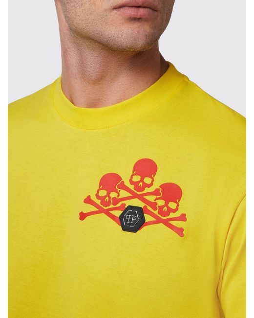 Philipp Plein Yellow Cotton T-Shirt With Skull Print And Monogram Motif for men