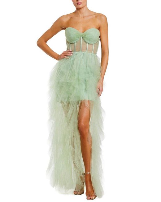 Mac Duggal Green Strapless Bustier Net Gown With Spiral Ruffles