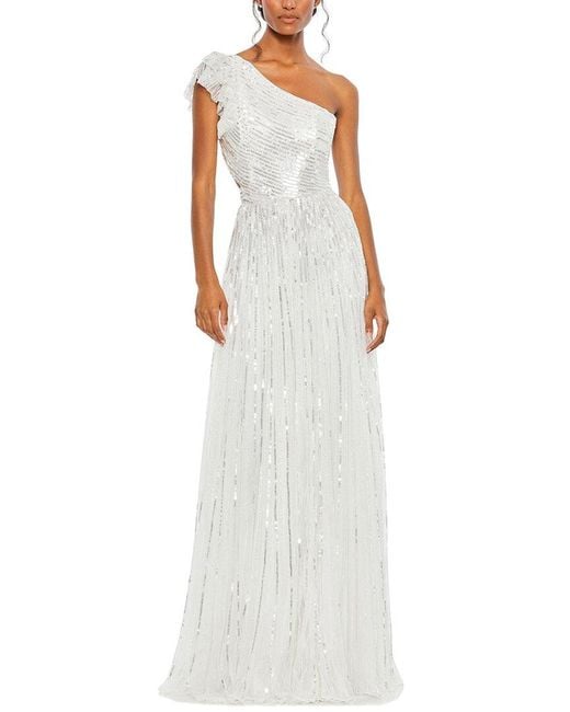 Mac Duggal White Sequined One Shoulder Flutter Sleeve A Line Gown