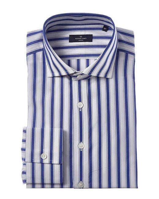Richard James Blue Regular Collar Bold Stripe Poplin Dress Shirt for men