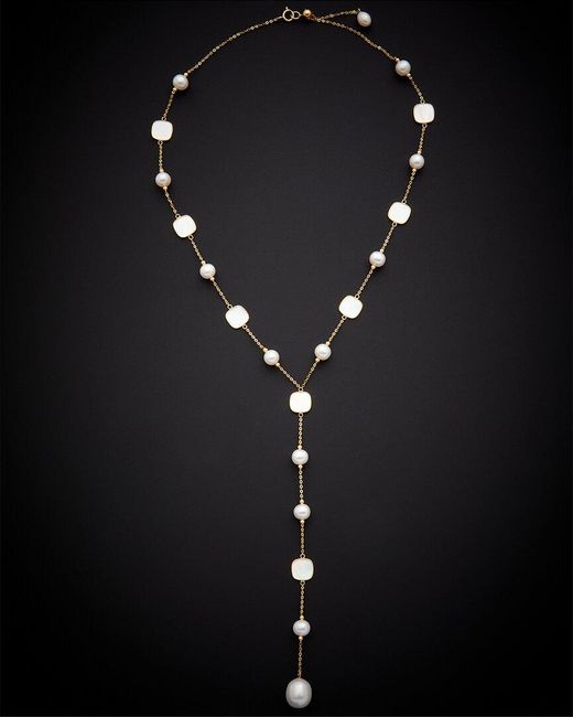 Italian Gold Black 18k Pearl Lariat Necklace