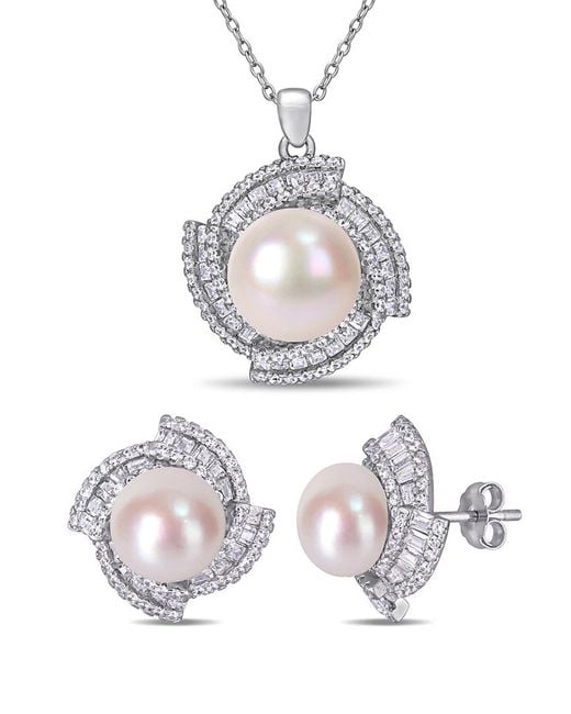 Pearls Women's White Silver 9.5-12mm Freshwater Pearl & Cz Earrings & Pendant Necklace Set