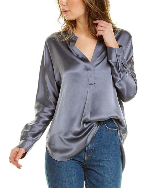 Vince Band Collar Silk Blouse in Blue Lyst
