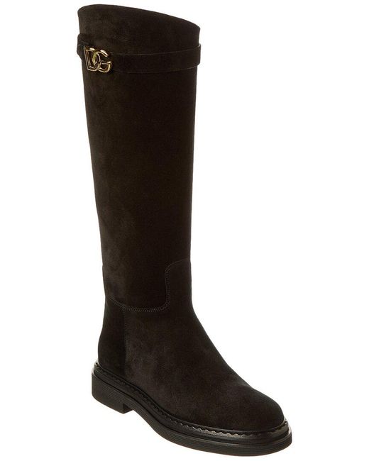 Dolce & Gabbana Black Logo Suede Knee-High Boot