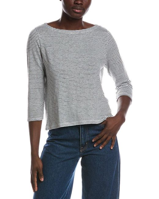 Eileen Fisher Gray Petite Bateau Neck 3/4-Sleeve Linen Top