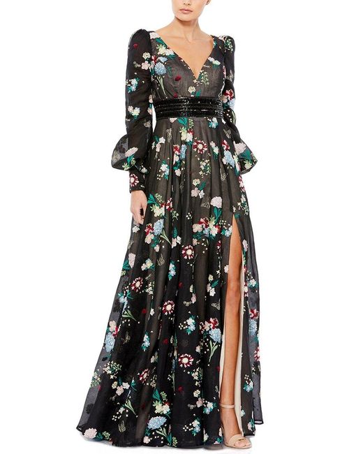 Mac Duggal Black Embroidered Bishop Sleeve Flowy A-Line Gown